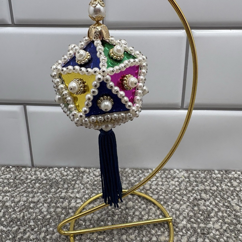 Vtg Christmas Ornament Geometric Push Pin Beaded Foil Faux Pearl w Tassel - Picture 5 of 10